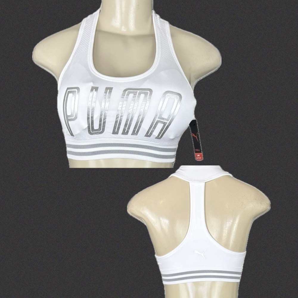 Puma S Seamless Sports Bra White Silver Metallic Logo Removable Pads T- Back